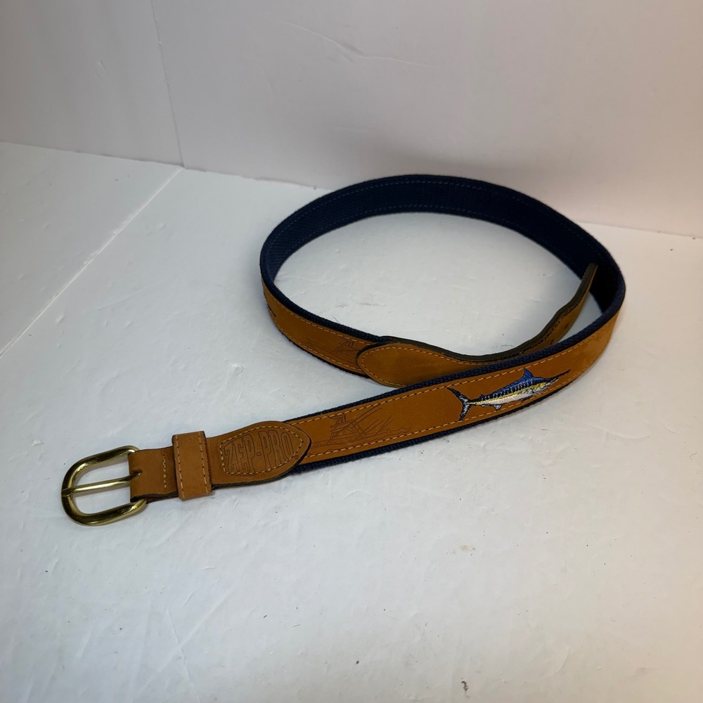 Zep-Pro Mens Marlin Sportfishing Leather Webbing Belt Navy Tan Made in USA 36